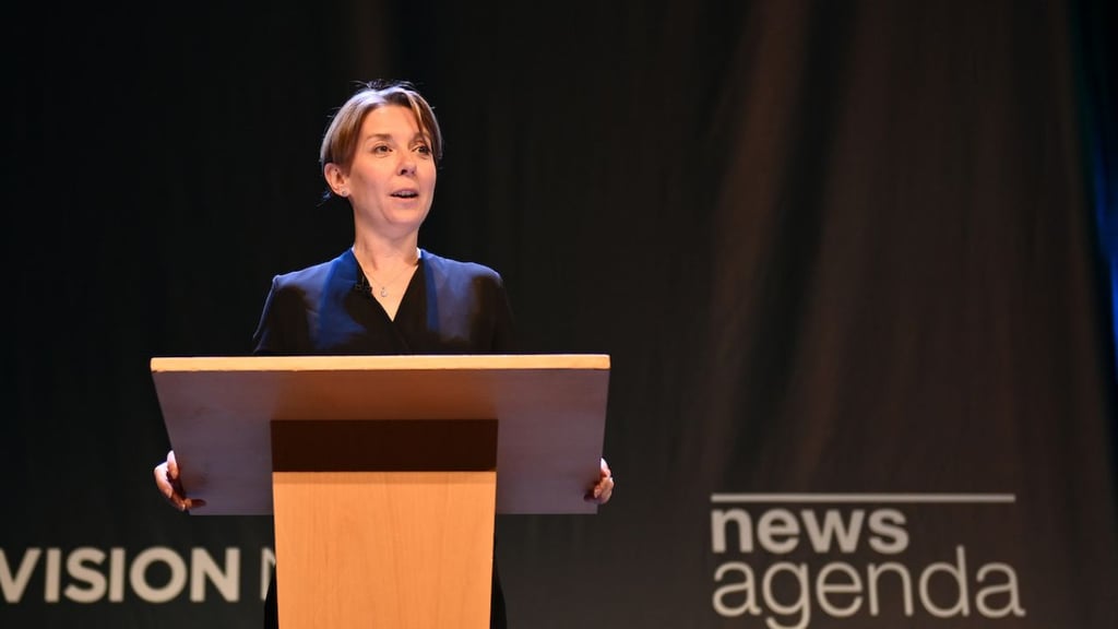Liz Corbin presents her closing remarks to assembled delegates at News Xchange 2023 in Dublin