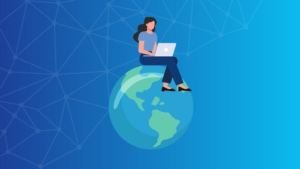 Image is a cartoon of a girl with a laptop sitting on a world globe, with a pattern of computer graphics in the background