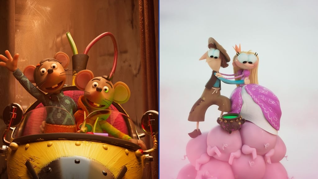 This image is split in two. On the left, there is a cartoon picture of two mice in a car waving. On the right hand side is a cartoon of a farmer and a princess standing on a tower of pigs, with a pink tie-dye style background