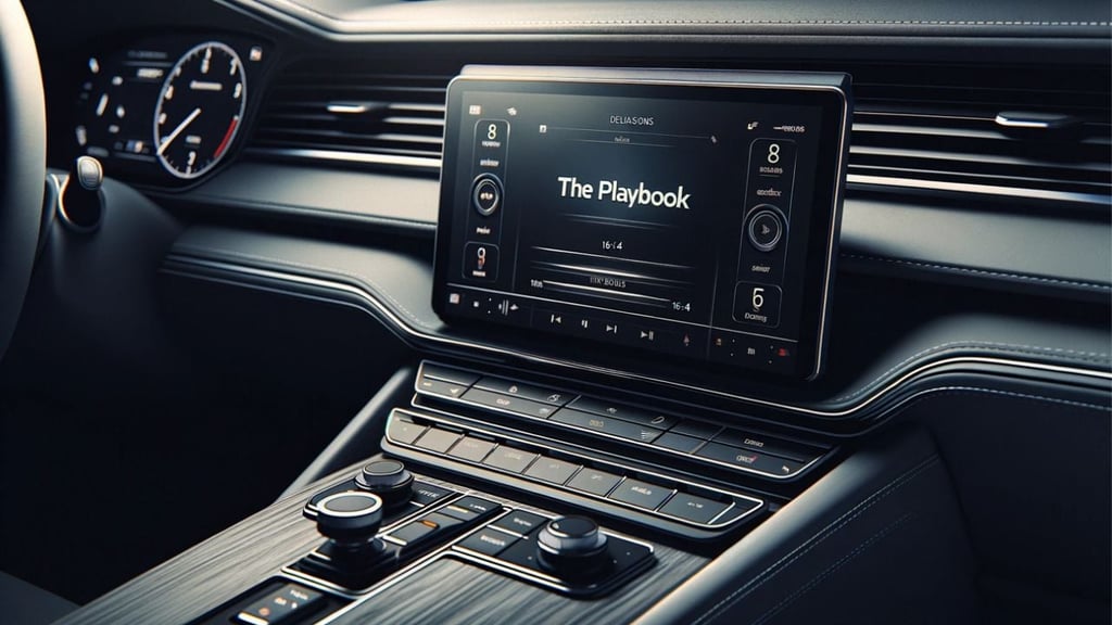 L'image représente un tableau de bord de voiture généré par l'IA qui comporte les mots The Playbook à l'écran.