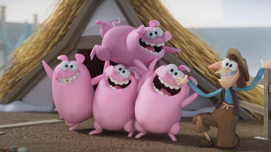 This is an animated cartoon still of four cartoon pigs on the left, three standing holding the other above their head and a farmer standing to their right. They are all smiling and having fun. 