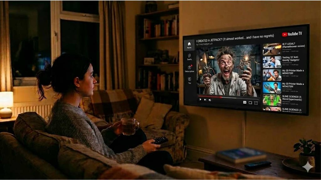 A young woman watching YouTube on her television