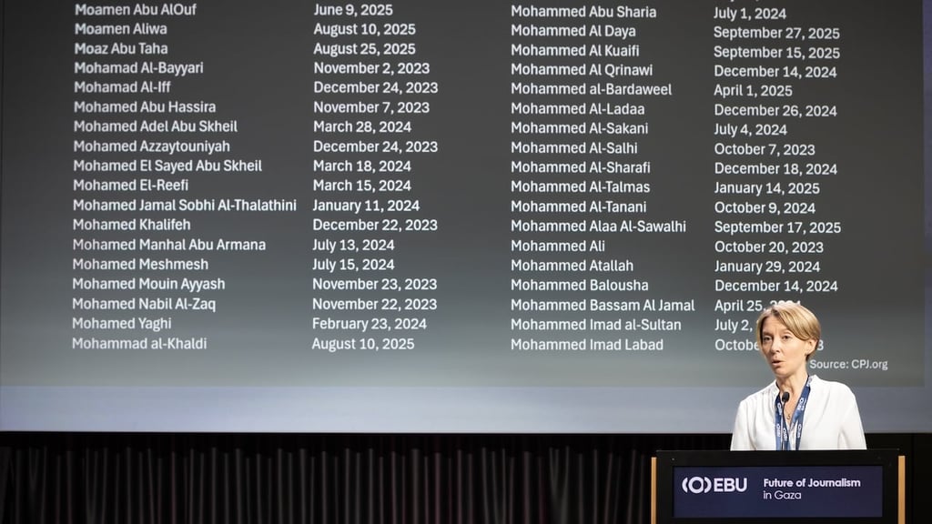 EBU Director of News, Liz Corbin, presents names of journalists killed in Gaza, at the Future of Journalism in Gaza conference