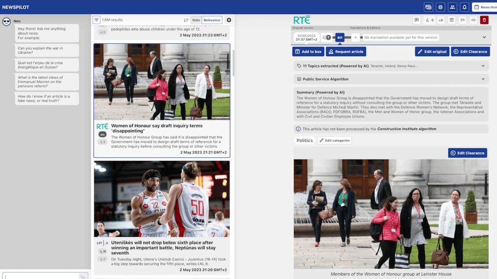 Démo Neo : Interagir avec l'actualité via EBU Newsdeck, PEACH et Open AI GPT