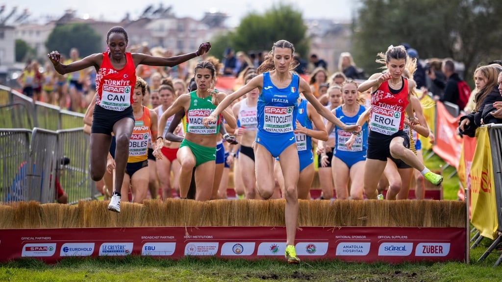 Il s'agit d'une photo de la ligne d'arrivée d'un sprint féminin, avec des athlètes féminines qui viennent de franchir la ligne.