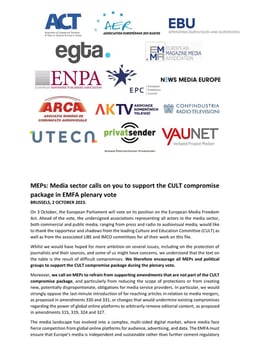 Media sector calls to support the CULT compromise package in EMFA plenary vote