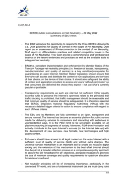 Summary of EBU views: Draft guidelines for Quality of Service in the scope of Net Neutrality