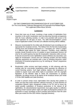 EBU Comments on the EC Recommendation of 18 October 2005 - Legitimate online music services - 22 June 2007