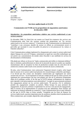 Services audiovisuels et GATS - Commentaires de l'UER sur les propositions de négociation américaines de décembre 2000 - 12 avril 2001