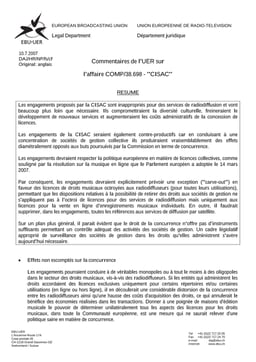 Observations préliminaires de l'UER - Affaire COMP/38.698 CISAC - 10 juillet 2007