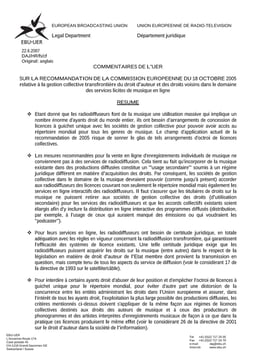 Commentaires UER sur la Recommandation CE du 18 octobre 2005 - Services licites de musique en ligne - 22 juin 2007