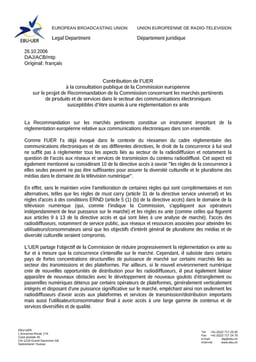 Contribution UER - Projet de Recommandation CE concernant les marchés pertinents de produits et de services dans le secteur des communications électroniques - 26.10.2006