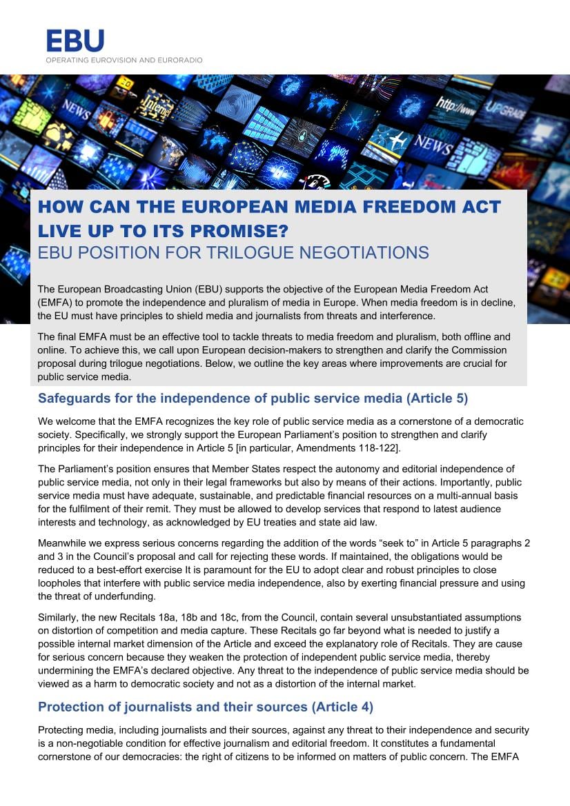 European Media Freedom Act: EBU's position for trilogue negotiations